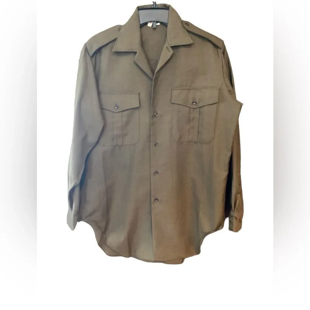 Military Army Green Outdoor Camping Wool Blend Heavy Long Sleeve Collar Shirts